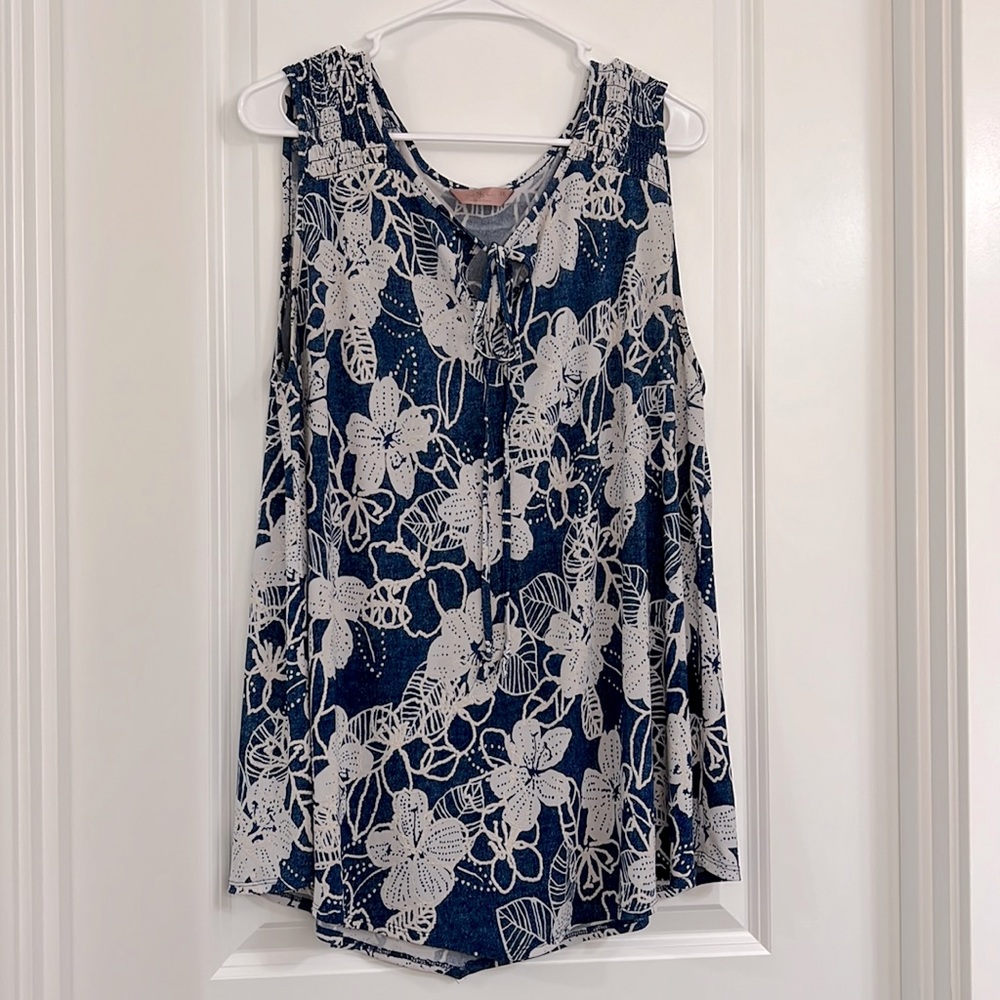 SJS Plus Size 3XL Floral Blue/Beige Abstract V Front Tank Top